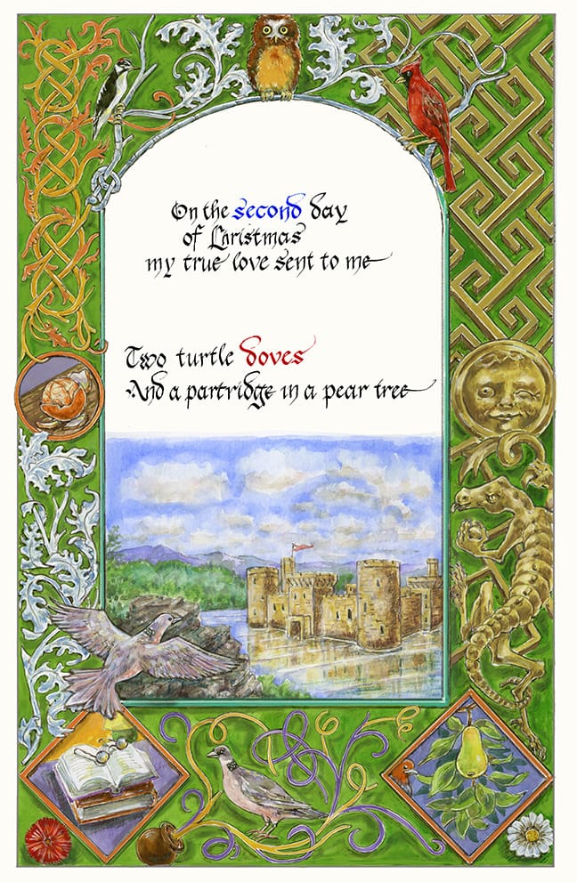 artwork by Ruth Tait representing the second stanza of the carol 12 Days of Christmas with decorative border rendered in medieval style and iconography showing organic decorative vines, stone key patterns, winking gargoyle and a dragon holding a ball. See also caption.