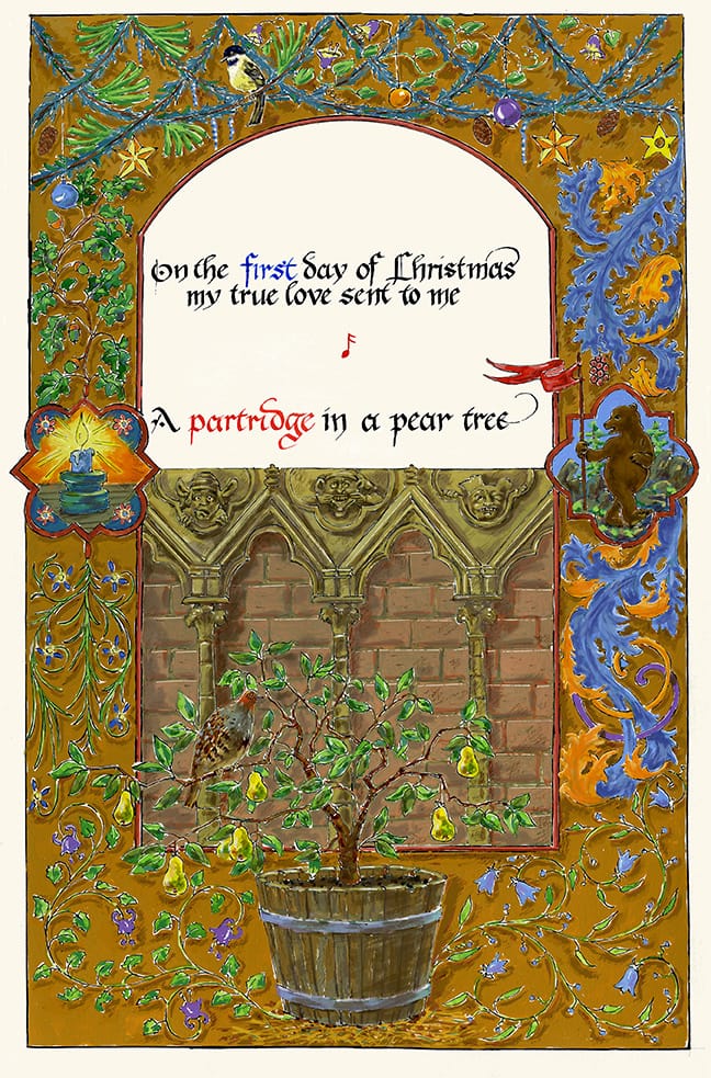artwork by Ruth Tait representing the first stanza of the carol 12 Days of Christmas with decorative border rendered in medieval style and iconography showing acanthus leaves, a bear bearing a flag, gargoyles and gothic arches. See also caption.